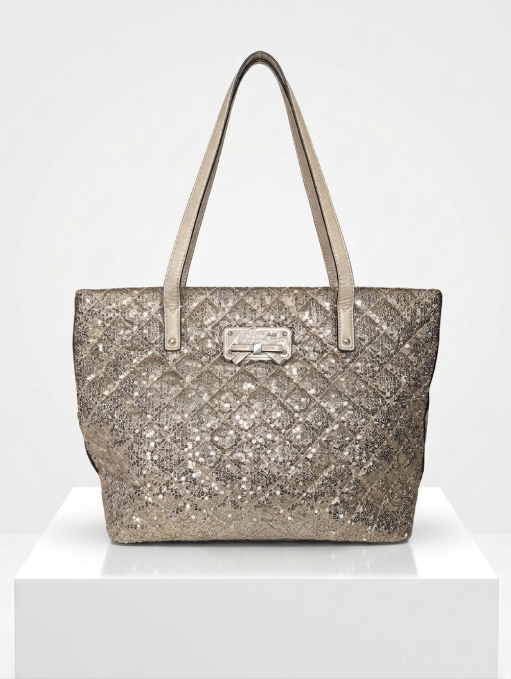 GUESS Quilted Sequin Tote Bag Gold Champagne Metallic Mixed Media Handbag Purse